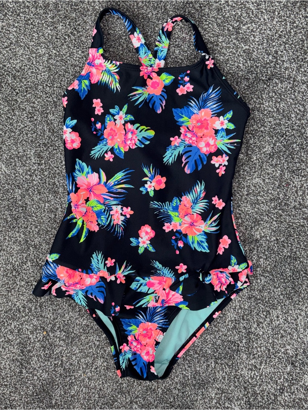 SO Girls Black Floral Tropical One Piece Swimsuit. Size• 7/8